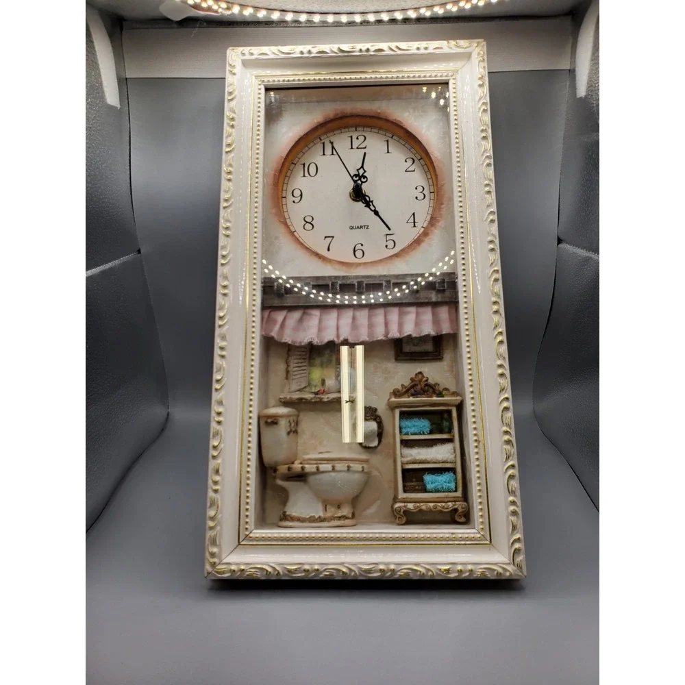 whimsical novelty quartz shadow box wall clock featuring a miniature bathroom...
